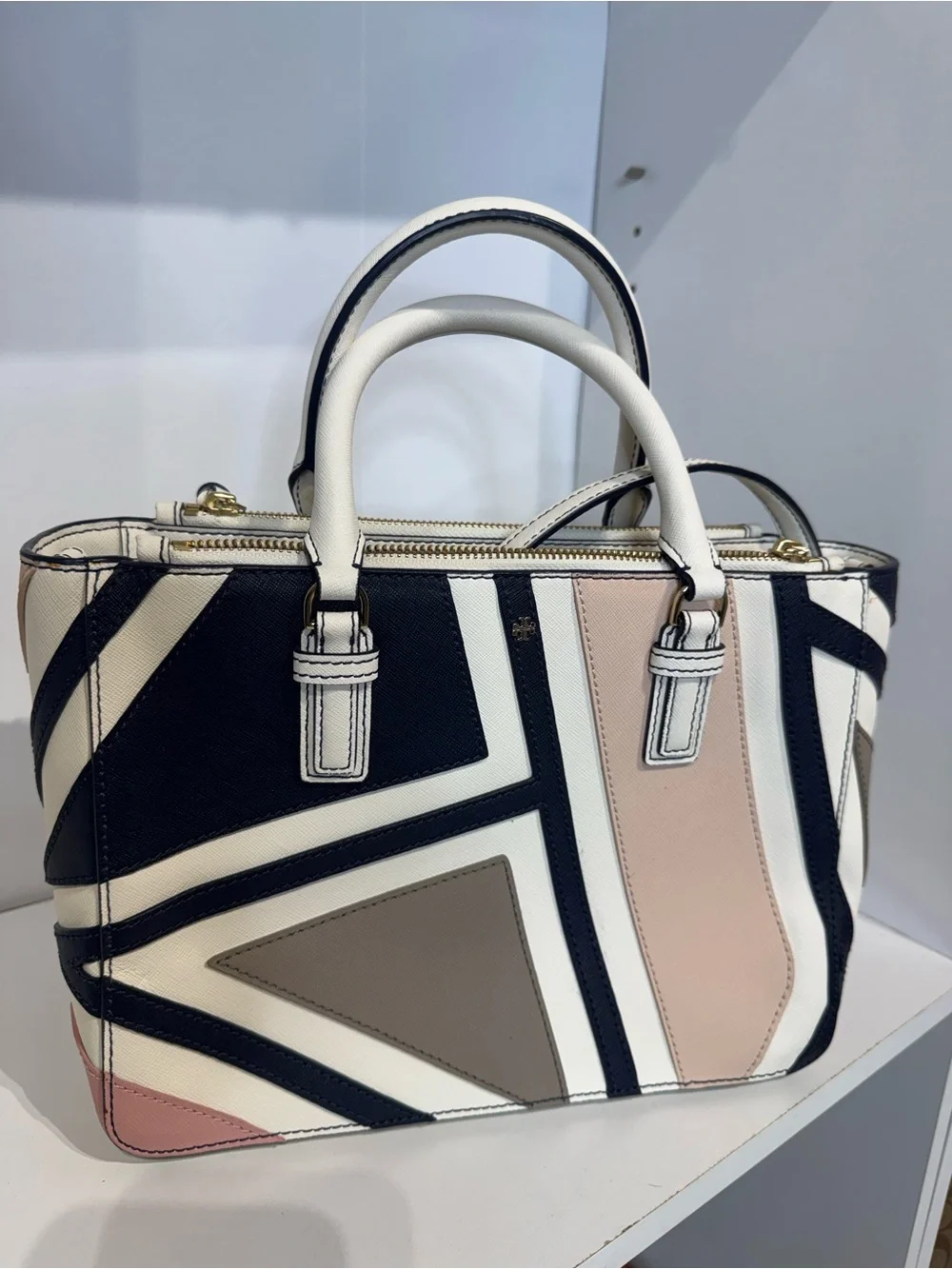 Tory Burch Geometric Colorblock Leather Satchel in White, Black & Blush